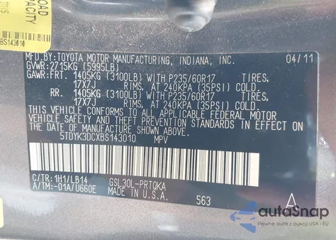 2011 Toyota Sienna Xle V6 z USA, uszkodzony, nr VIN 5TDYK3DCXBS143010